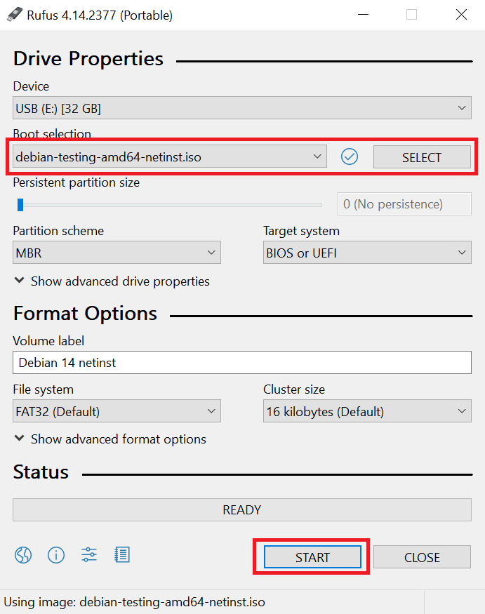 Rufus settings to write Debian ISO on USB disk