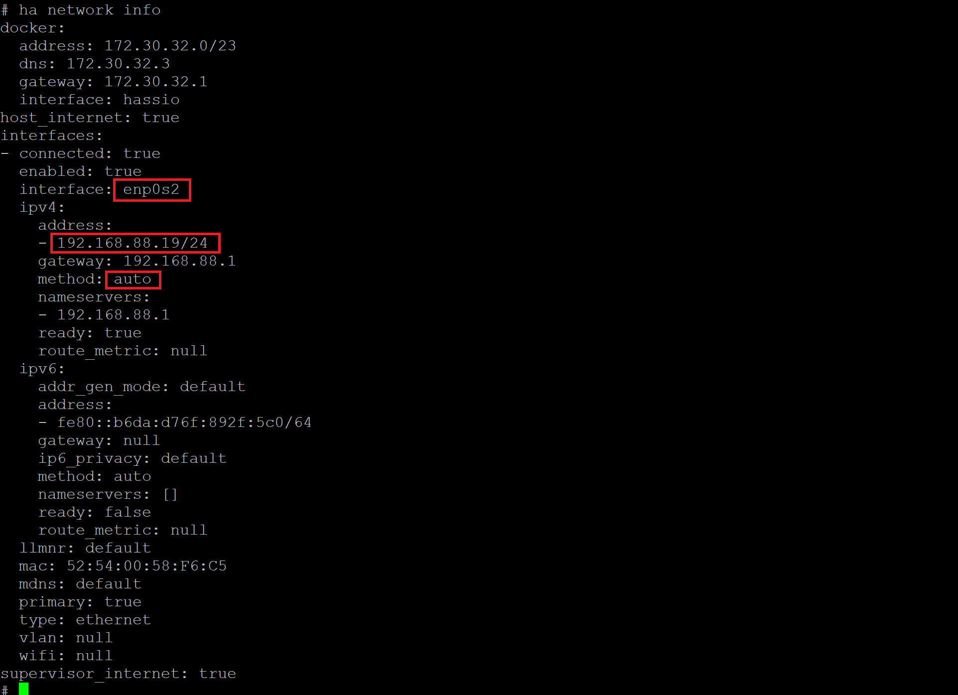 Home Assistant default network information